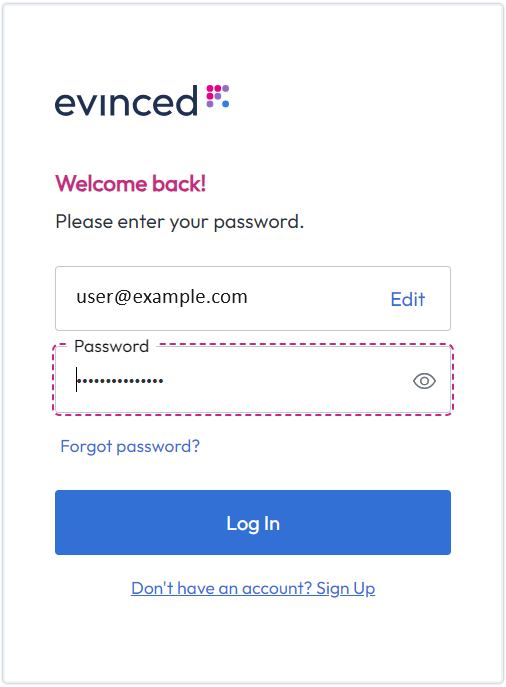 Login credentials screen 2, enter your password and press Log In